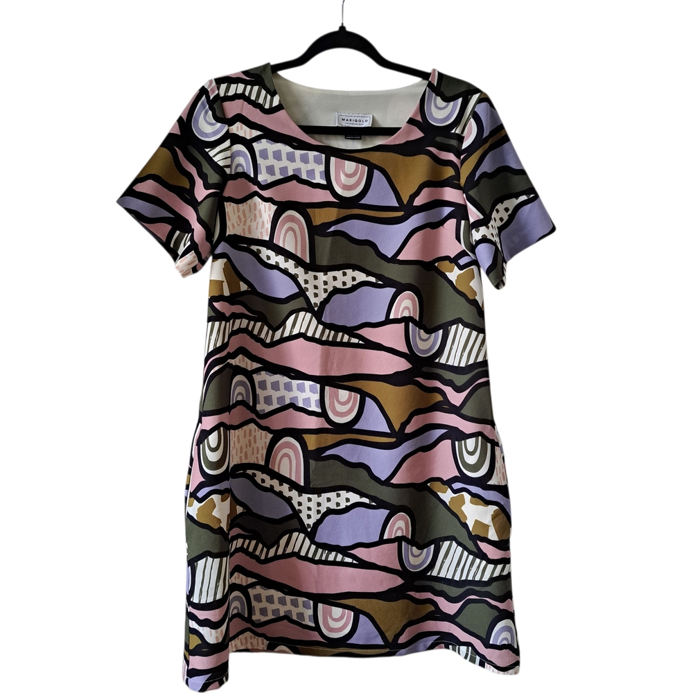 🇨🇦 Marigold Montréal Multicolor Abstract Art Dress • Short Sleeve • XS